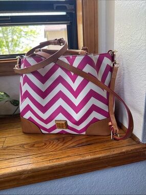 Dooney & Bourke Chevron Fuchsia & White Barlow Bag with Leather Trim cross body